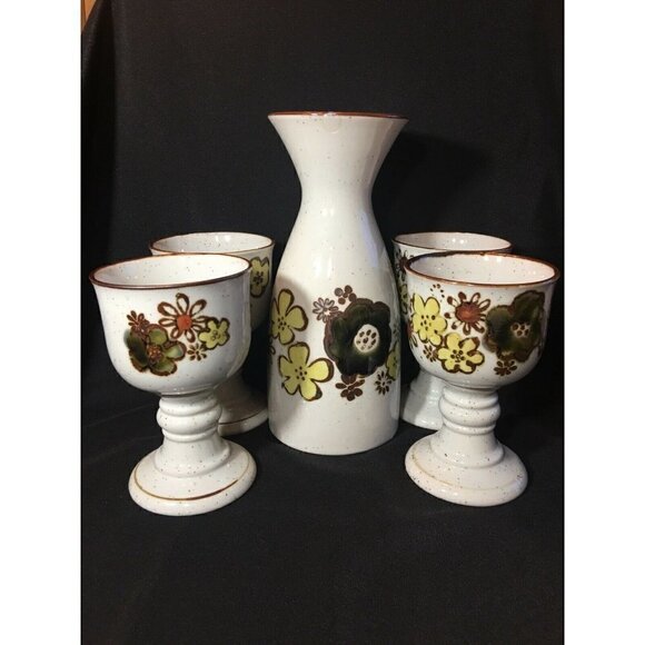Otagiri Other - Otagiri 1970s Goblets & Carafe Set Wine Chalice Stoneware Pansy Floral Footed